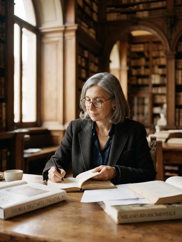Editorial portrait of a senior academic director in a sunlit historic library in Milan, soft natural window light, shallow depth of field, 35mm