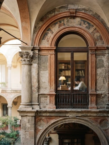 An architectural close-up of a classic Italian academic courtyard in Milan, soft morning window light, clean sharp lines, editorial photography, 35mm