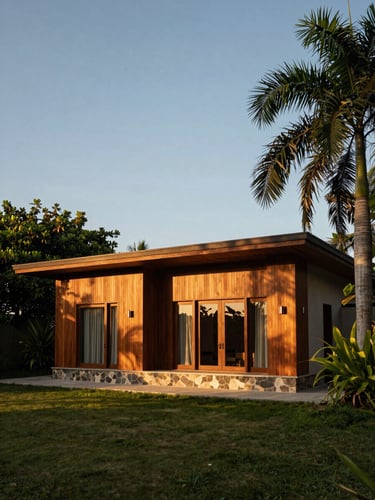 Wide environmental shot, golden-hour light raking across a freestanding villa exterior at Phú Quốc, timber cladding and limestone base visible in warm amber light, dense tropical canopy framing the right edge, building set low in landscape with open sky above, no people