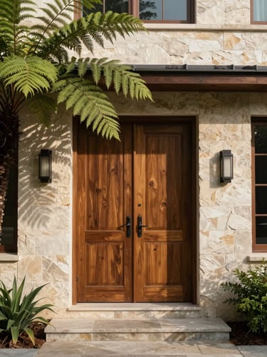 Close architectural study of a Sona Valley townhouse entrance sequence — stone threshold, solid timber door set into a limestone wall, tropical fern casting a shadow across the facade, diffuse morning light, no people
