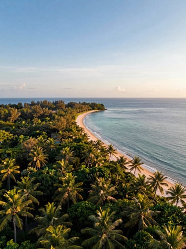 Wide panoramic aerial view of Phú Quốc island's western coastline at golden hour, lush tropical canopy cascading to a calm turquoise shoreline, warm amber light raking across treetops, expansive sky in the upper half, minimal human presence, no text or signage