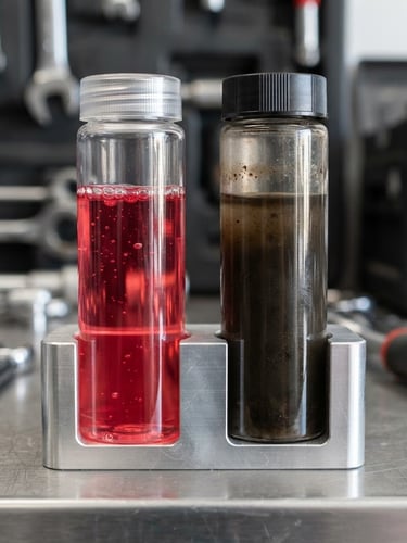 Macro close-up of clean vs. burnt transmission fluid in glass vials, side-by-side, bright clean workshop lighting, metallic silver and deep charcoal tones, sharp macro focus, 50mm