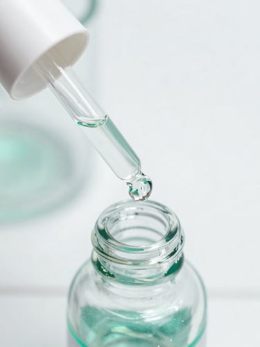 Macro close-up of a glass cosmetic dropper bottle on a clean white laboratory tile, soft green botanical shadows, bright clinical daylight, 35mm