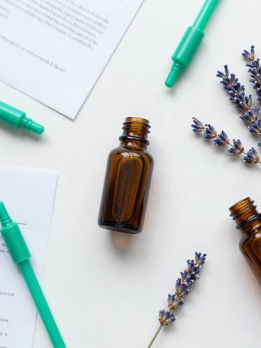 Overhead flat lay of scientific formulation sheets, amber glass bottles with green pipettes, dried lavender stalks on a sterile white surface, bright daylight