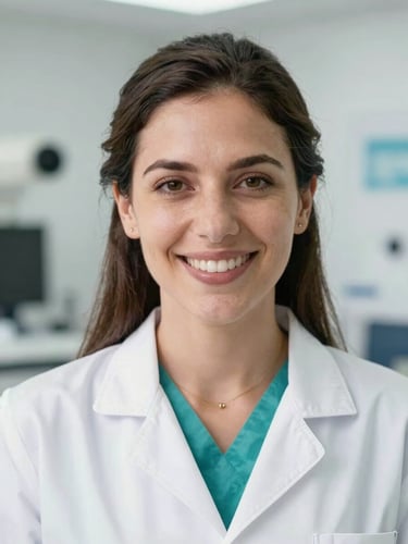 Professional portrait of Kathia Álvarez Benítez, smiling confidently, bright clinical daylight, crisp white and teal tones, sharp focus, 35mm