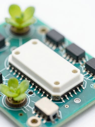Macro close-up of a microcontroller connected to botanical specimens, clean clinical daylight, sharp focus, 35mm