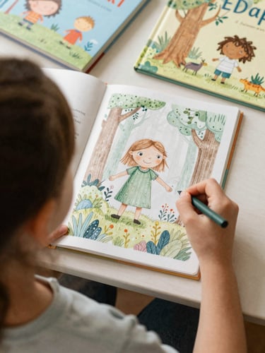 Warm environmental over-the-shoulder shot of an illustrator sketching a whimsical forest character, soft natural daylight, rich pastel tones, 35mm