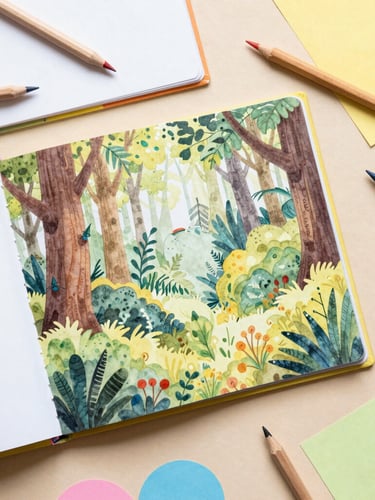 Overhead flat-lay of an open children's book showing a watercolor forest illustration, surrounded by colored pencils and paper cutouts, warm natural daylight, 35mm