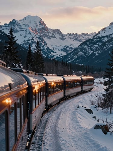 Cinematic 35mm shot of a luxury passenger train winding through the snow-capped Canadian Rockies at golden hour, warm sunlight reflecting off the glass-dome cabins.