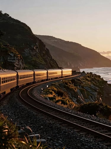 A classic passenger train winding along the rugged Pacific coastline at sunset, rich deep tones.