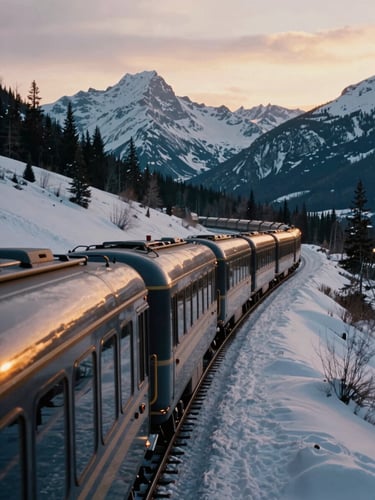 Cinematic wide-angle shot of a sleek passenger train winding through the snow-capped Canadian Rockies, golden-hour sunlight reflecting off the glass-dome cabins, 35mm film aesthetic