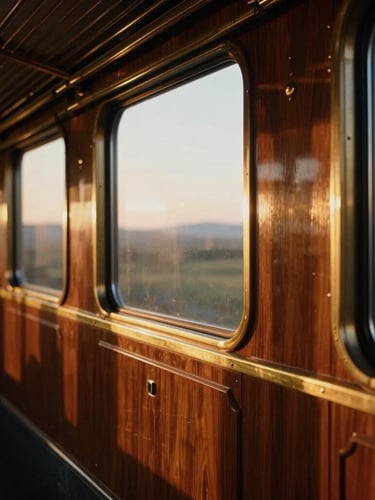 Cinematic close-up of polished mahogany wood panels and gold brass accents inside an elegant vintage train dining car, warm natural sunset light filtering through the window, shallow depth of field