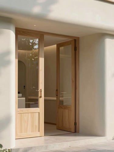 Serene minimalist entrance of a modern Scandinavian beauty clinic with soft jade accents and warm wood, natural morning light.