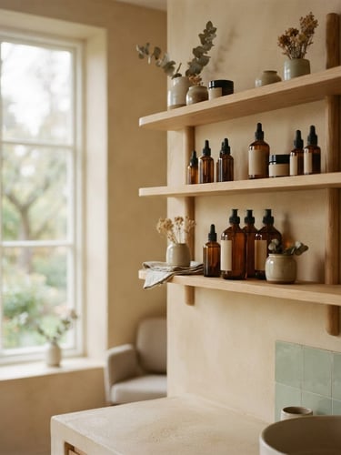 Serene environmental shot of the Billesholm beauty clinic interior, soft morning daylight filtering through a window, minimalist Scandinavian wooden shelves displaying elegant amber glass cosmetic bottles, warm sand and soft jade tones, shallow depth of field, 35mm