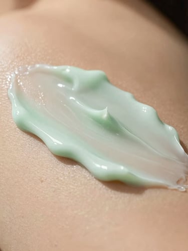 Macro shot of smooth glowing skin with a soft jade-tinted herbal cream texture, warm natural daylight, shallow depth of field