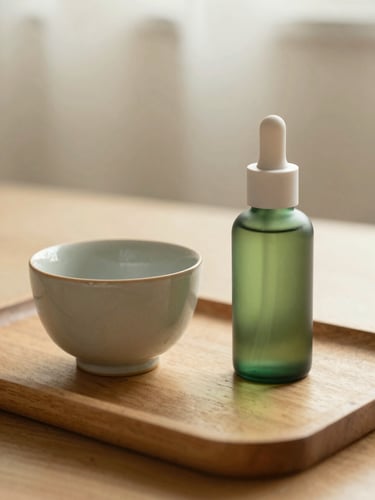 A warm aesthetic shot of a ceramic teacup next to a green glass bottle of facial serum on a wooden tray, soft morning light