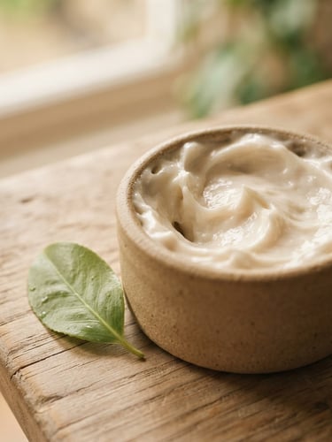 Close-up of rich skincare cream texture with a soft green botanical leaf beside it, warm natural morning light, shallow depth of field