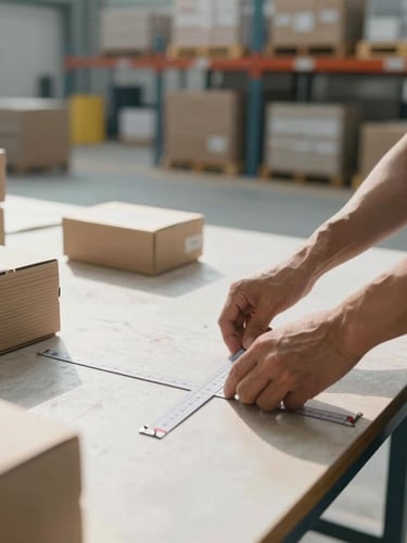 Wide panoramic structured logistics environment, medium shot of hands measuring product dimensions on a clean warehouse table, bright natural daylight, deep depth of field.