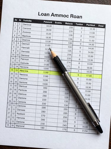 Overhead flat-lay of a printed loan amortization schedule on white paper, a mechanical pencil resting diagonally across highlighted figures, cool studio daylight from the left, tight crop showing only the document and pencil