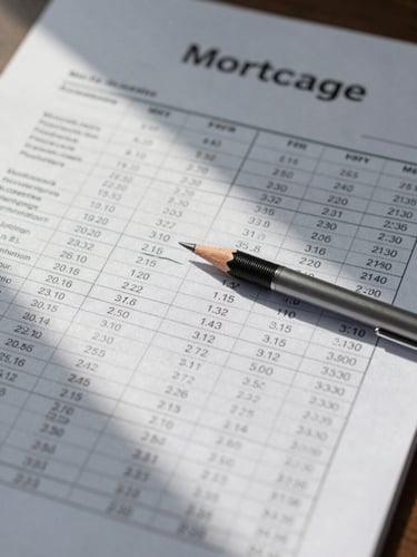 Overhead flat-lay of a printed mortgage amortization document with a mechanical pencil resting across handwritten margin notes, cool studio daylight from the left, numbers clearly legible in the frame