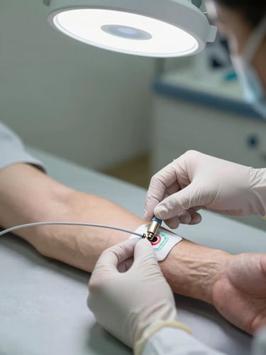 Close-up of a clinician's gloved hands attaching ECG electrode leads to a patient's forearm on a clinical examination table, overhead even white lighting, medical-grade cable connectors in sharp focus, clean exam room background softly out of focus
