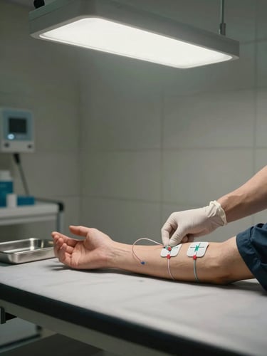 Tight wide shot of a clinical exam room: a technician's gloved hands attaching ECG electrode leads to a patient's forearm on a clean exam table, overhead fluorescent clinical lighting casting even shadows, stainless steel equipment tray visible at left edge, neutral tiled wall background—documentary realism, no posed subjects.