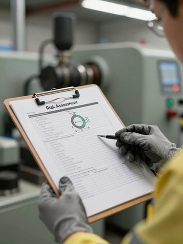 Close-up of a safety technician's gloved hands holding a printed technical risk assessment report on a clipboard, industrial machinery blurred in the background, even overhead workshop lighting, documentary realism