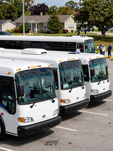 Medium environmental shot in natural daylight — three shuttle buses lined up side by side at an outdoor event venue parking area, drivers visible near vehicles, passengers boarding in the background, Nassau County suburban setting, documentary framing, no posed subjects