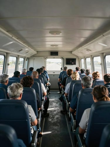 Environmental wide shot inside a filled shuttle cabin on a Nassau County road, multiple passengers settled in seats facing forward, natural window light casting across rows, no posed faces — documentary framing from the rear of the vehicle