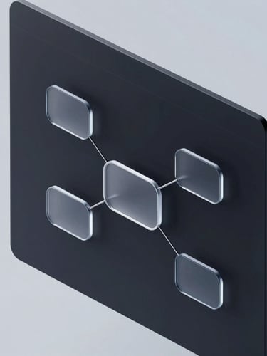 Angled isometric view of a minimalist software canvas with sleek dark-mode UI elements, floating glassmorphic nodes, and clean metallic connection lines, soft cool-toned edge lighting, ultra-high resolution