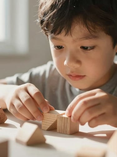 Close-up child-eye-level shot of a young learner carefully arranging natural wood geometric blocks on a minimalist table, soft morning sunlight, highly focused expression, shallow depth of field.