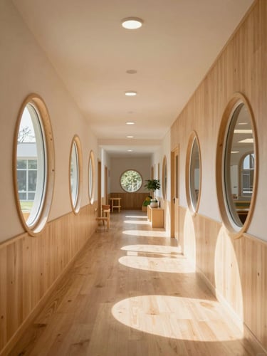 A sunlit, wide architectural shot of a modern kindergarten corridor with light natural wood finishes and low-level circular windows designed at a child's eye level.