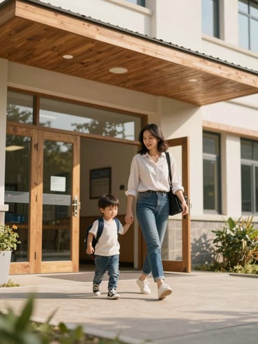 Low-angle shot of a mother walking her young child into a sunlit, modern school entrance with warm wood accents, natural morning light.