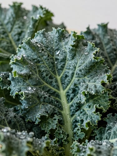 Close-up of fresh organic kale leaves with morning dew in soft Scandinavian daylight, shallow depth of field, 35mm