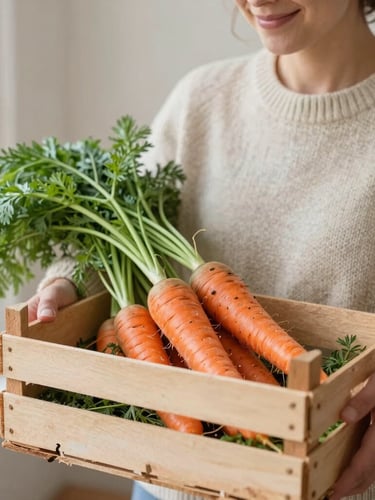 A local farmer in a soft knitted sweater smiling gently, holding a wooden crate of freshly harvested heirloom carrots in soft morning light, 35mm