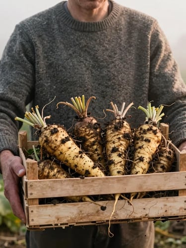 A farmer in a heavy wool sweater holding a crate of freshly harvested muddy root vegetables in soft morning light, misty Dutch field background, cozy editorial food photography, 35mm