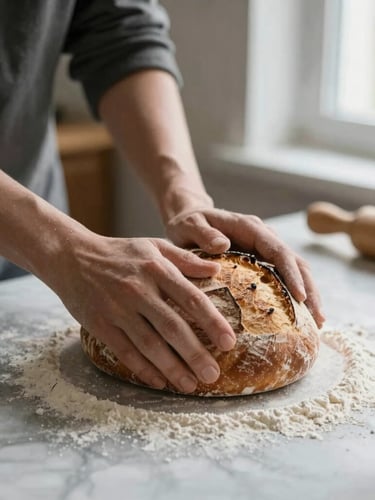 Close-up of hands kneading artisanal sourdough bread on a flour-dusted marble counter in a warm, rustic kitchen, soft morning light coming from a side window.