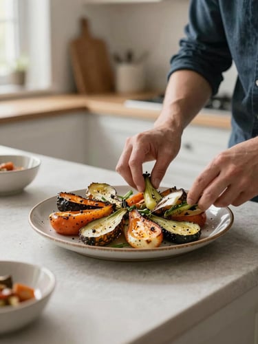 Behind-the-scenes shot of a professional photographer styling a rustic plate of seasonal roasted vegetables in a warm, naturally lit kitchen, cozy Scandinavian editorial style, 35mm