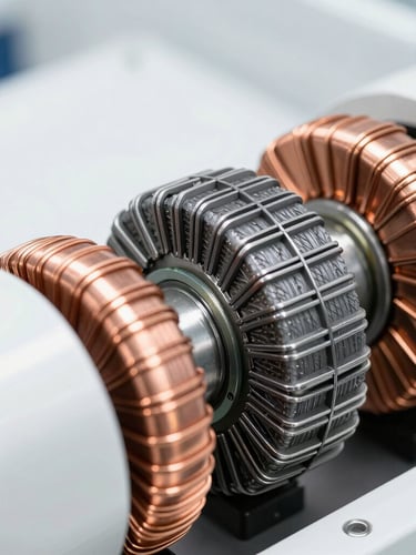 Macro close-up of copper-wound motor stators on an automated assembly line, bright industrial photography, high-key studio lighting, sharp focus on metallic textures, crisp white and charcoal tones, 50mm