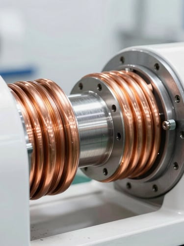 Macro close-up of copper-winding machinery in a bright, high-key industrial factory, clean steel textures, sharp focus, 50mm