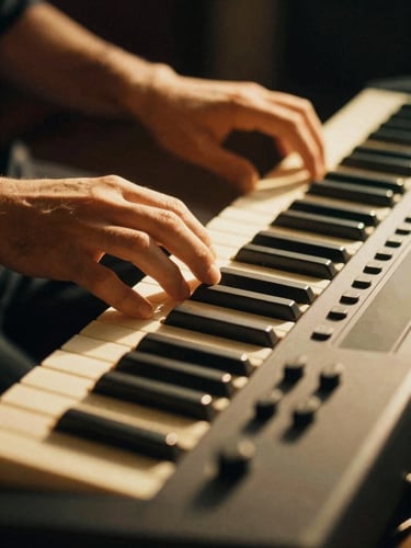 Close-up of hands playing an old electric keyboard, warm golden-hour studio light, deep shadows, 35mm film