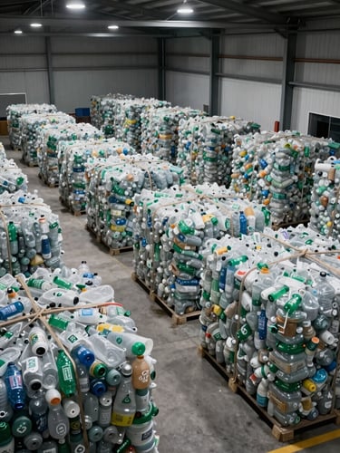 Wide environmental shot of a recycling facility floor, compacted plastic bales stacked in organized rows under overhead industrial lighting, cool neutral tones, structured geometric framing, no people