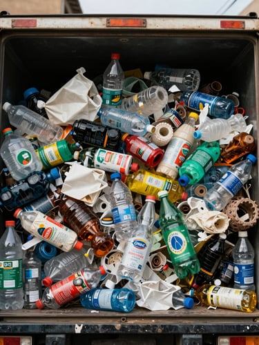 Close-up of a collection vehicle being loaded with sorted plastic waste at a community drop-off point in an urban Zimbabwean setting, natural daylight, structured framing, no faces as primary subject
