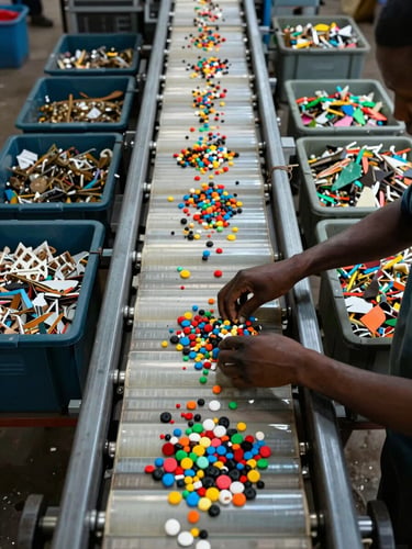 Close overhead view of a plastic sorting line at a Zimbabwean recycling facility, worker hands in motion separating coloured polymer types on a wide industrial conveyor, cool overhead fluorescent lighting, organised bins of sorted material visible at frame edges, concrete floor visible below, no faces shown