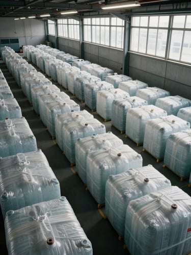 Wide facility floor shot from elevated angle, sorted plastic bales stacked in organized rows under industrial overhead lighting, cool-neutral daylight entering from high clerestory windows on the right, geometric framing emphasizing scale and operational order