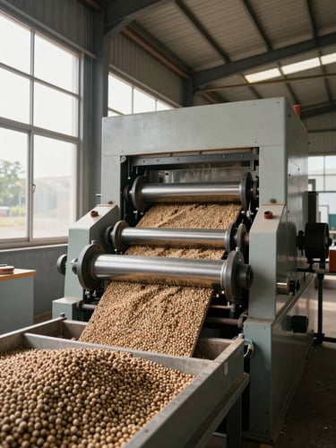 Wide environmental shot of a plastic processing facility interior in Zimbabwe — extruder or granulator machinery operating at center, material transformation visible, pellet output tray in foreground, natural daylight through industrial windows left side, geometric structural framing
