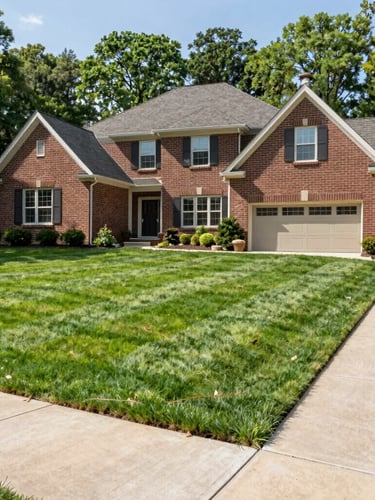 Low-angle wide shot of a beautiful brick home in a Northville Michigan neighborhood, featuring a perfectly manicured, striped green lawn and clean concrete driveway edges under bright morning sunlight, 35mm