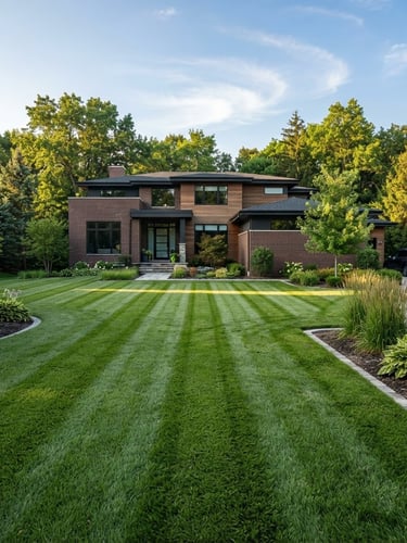 Wide shot of a perfectly striped residential lawn in Southeast Michigan, bright morning sunlight, modern brick home in background, crisp edges.