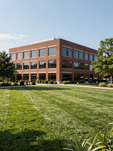 Wide cinematic shot of a modern brick commercial office building in Michigan surrounded by perfectly striped, vibrant green turf and immaculate landscaping, bright morning sun, 35mm