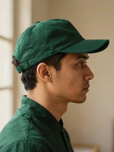 Dignified side-profile portrait of a man in a deep emerald structured cap, soft window side-lighting, warm sand tones, shallow depth of field